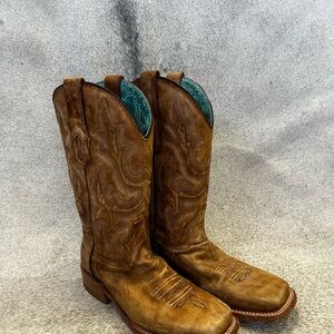 Brown Western Cowboy Boots with Teal Accents